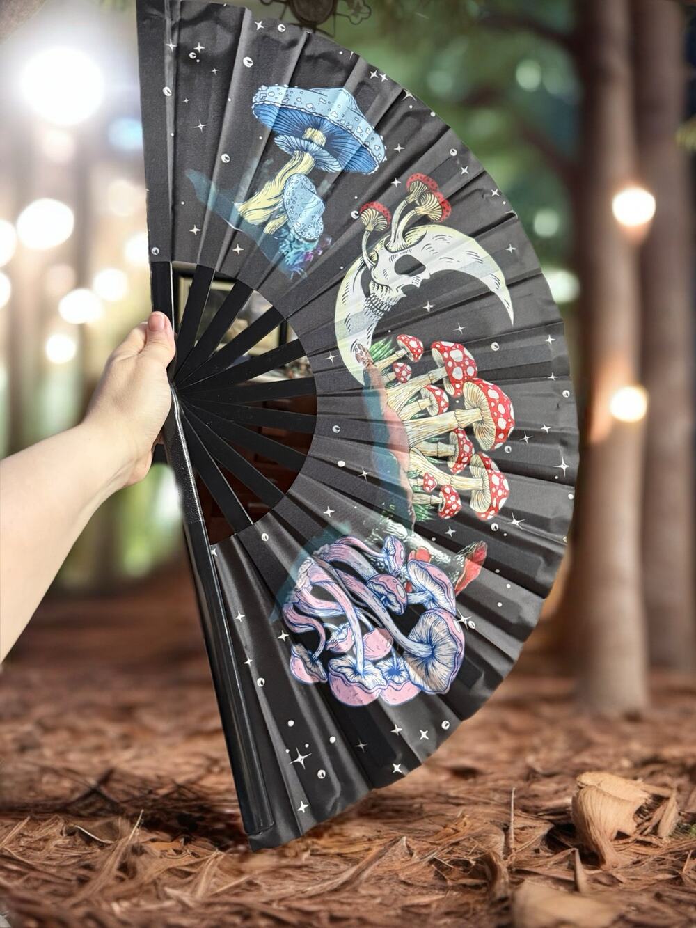 Large Gothic Mushroom Skull Folding Hand Fan 25” Black w/ Carrying Pouch